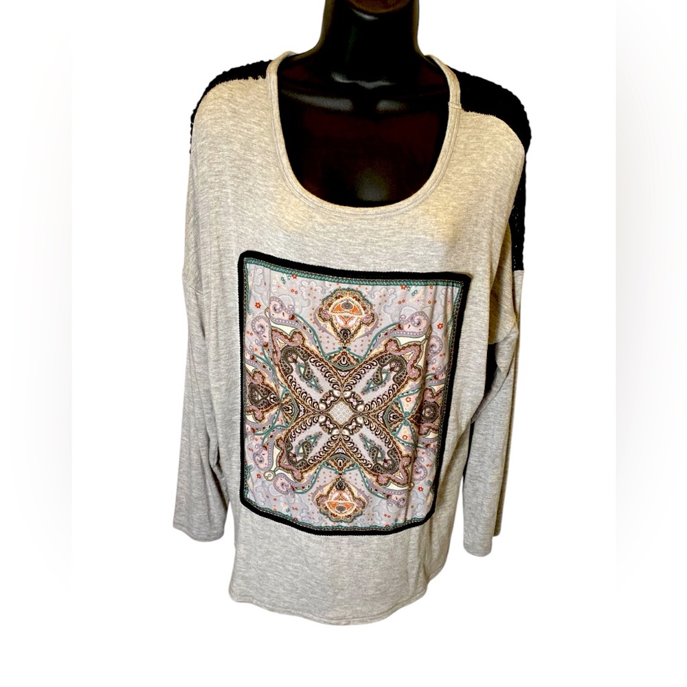 Democracy Sz L Patchwork Lace Back Rayon Sweatshirt Top Tunic 3/4 Sleeve Gray